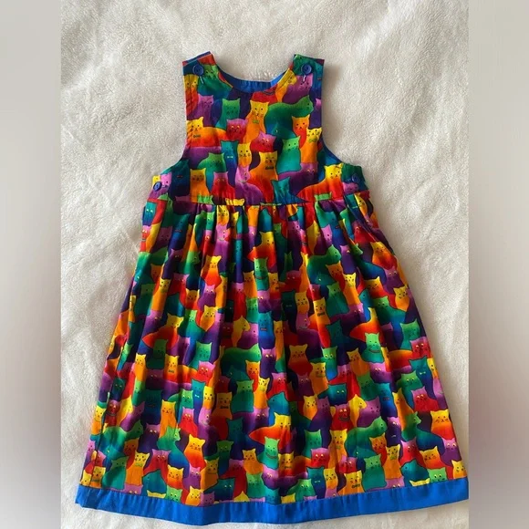 Vintage 90s handmade 100% cotton colorful rainbow cat print girl’s dress jumper - Picture 5 of 15